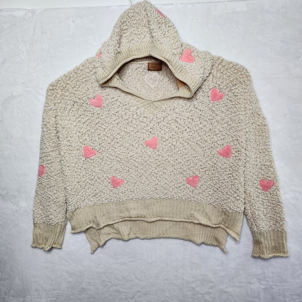POL Women's Hoodie Sweater Size S Cream/ Pink Hearts All Over Cropped Oversized‎